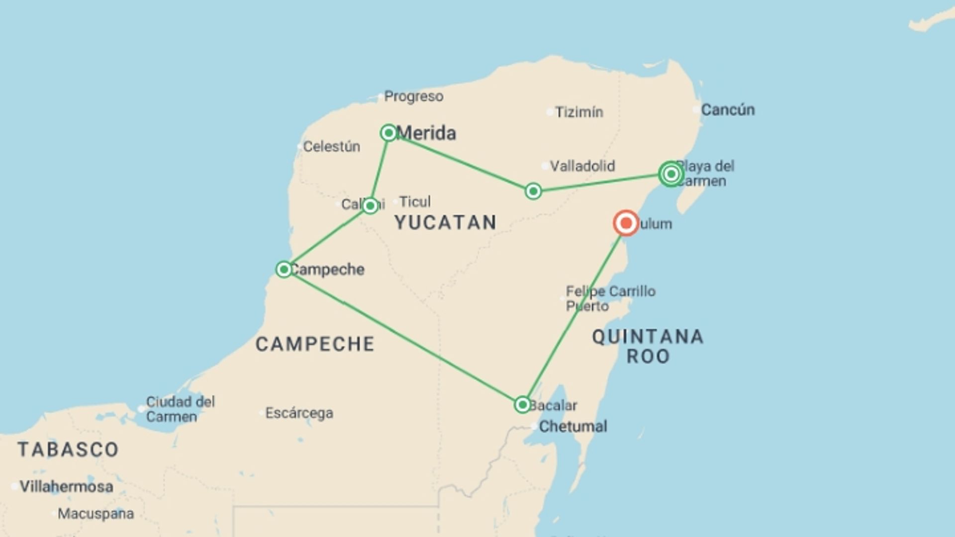 A map showing the tour itinerary for the trip: Yucatan Peninsula Adventure, starting in Playa Del Carmen, Mexico and ending in Tulum, Mexico going through 3 other destinations.