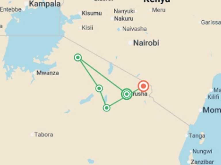 Map of Tanzania Tour with 5 destination visits for the trip: Unforgettable Tanzanian Safari: Witness the Great Migration