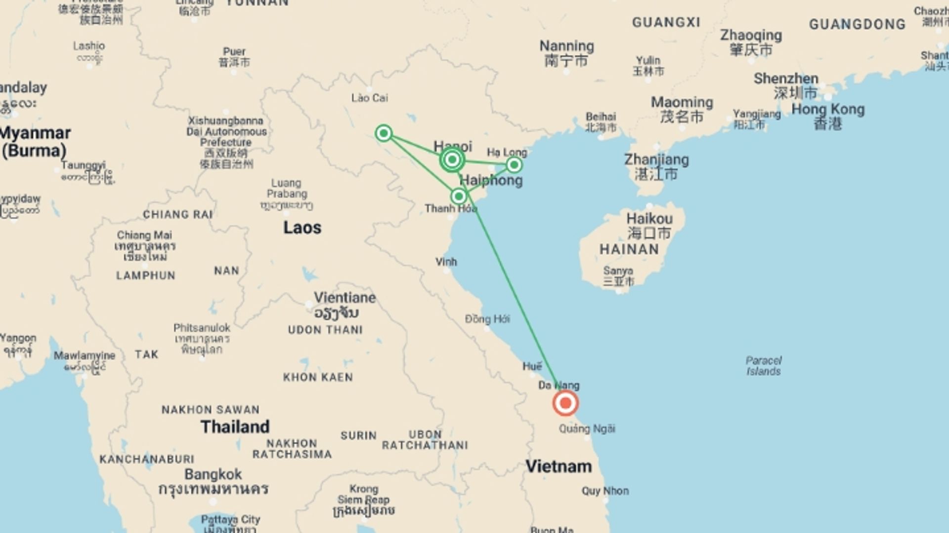 A map showing the tour itinerary for the trip: 11-day Private Tour: Vietnam's Green Getaway, starting in Hanoi, Vietnam and ending in Hoi An, Vietnam going through 8 other destinations.