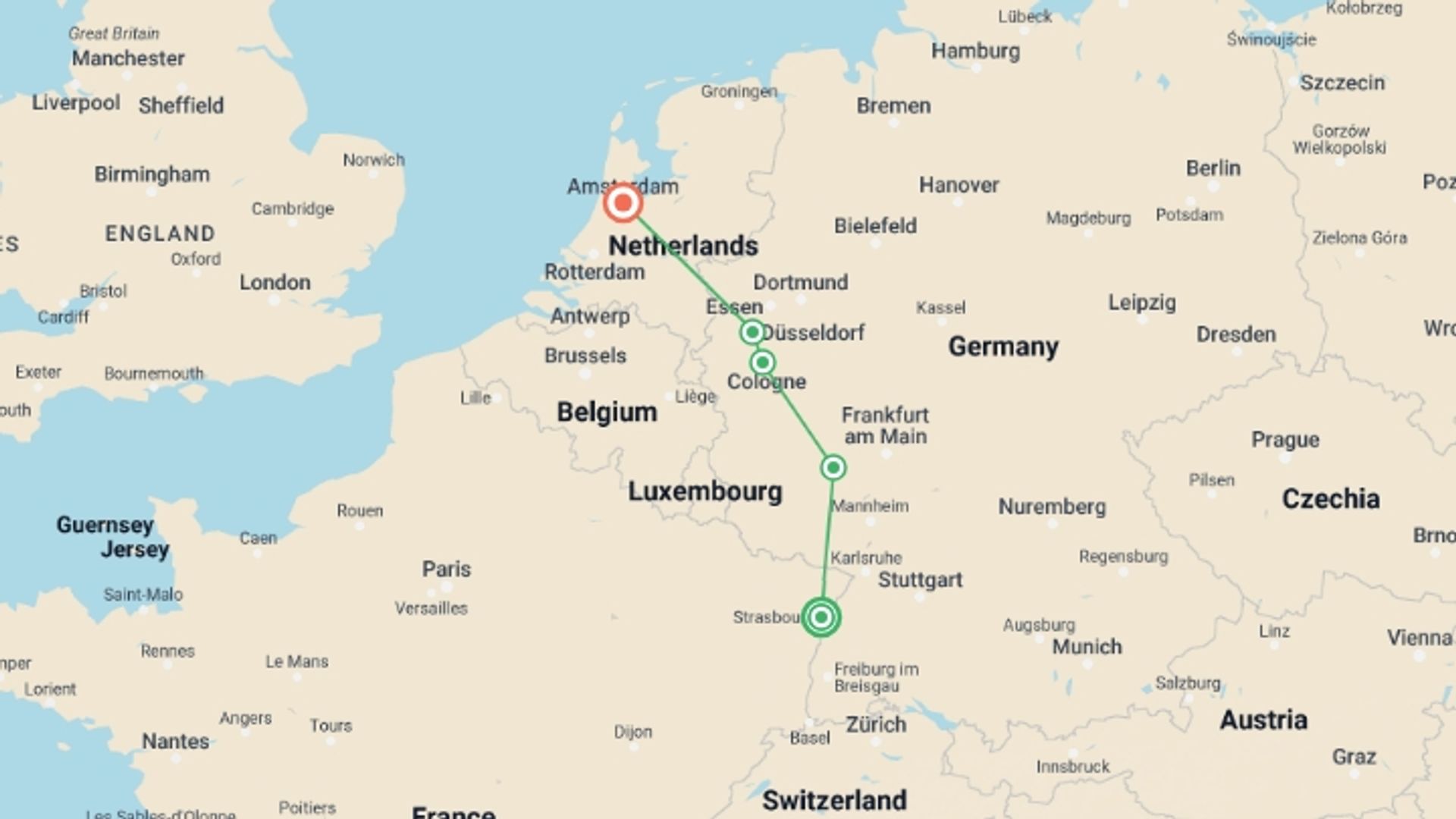 A map showing the tour itinerary for the trip: The romantic Rhine valley and Holland (port-to-port cruise), starting in Strasbourg, France and ending in Amsterdam, Holland going through 2 other destinations.