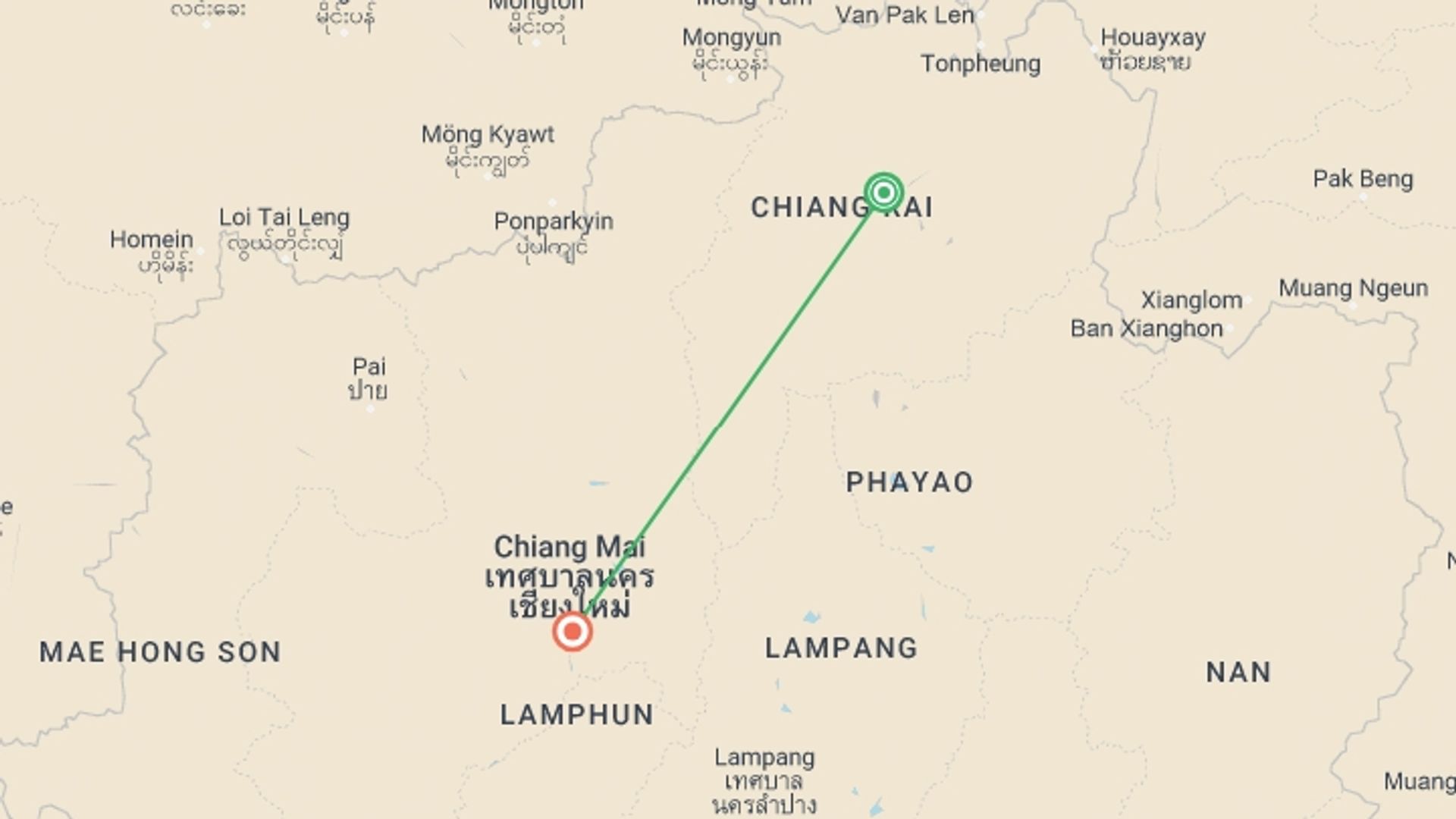 A map showing the tour itinerary for the trip: North Thailand Highlights, Small Group Tour (english Only), starting in Chiang Rai, Thailand and ending in Chiang Mai, Thailand going through 0 other destinations.