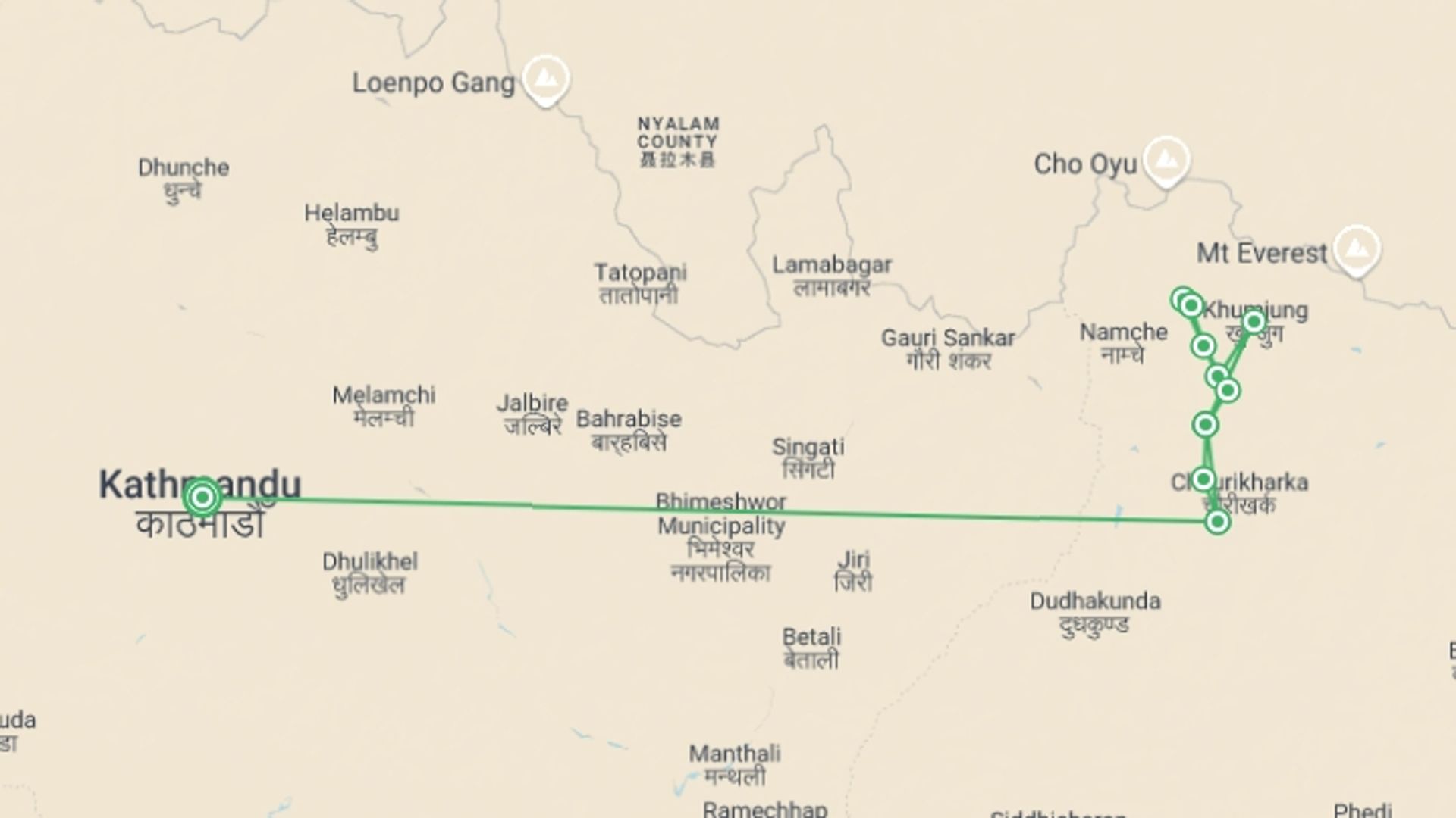 A map showing the tour itinerary for the trip: Gokyo Valley Trek & Kathmandu City Tour (15 Days), starting in Kathmandu, Nepal and ending in Kathmandu, Nepal going through 9 other destinations.