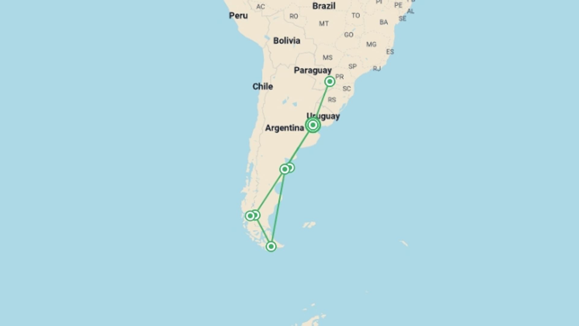 A map showing the tour itinerary for the trip: Patagonia & Jungle, starting in Buenos Aires, Argentina and ending in Buenos Aires, Argentina going through 9 other destinations.