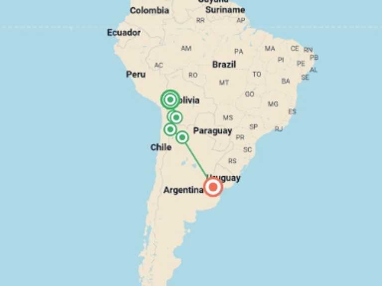 Map itinerary of La Paz Tour in November 2026 with 6 destination visits for the trip: Real Bolivia & Argentina