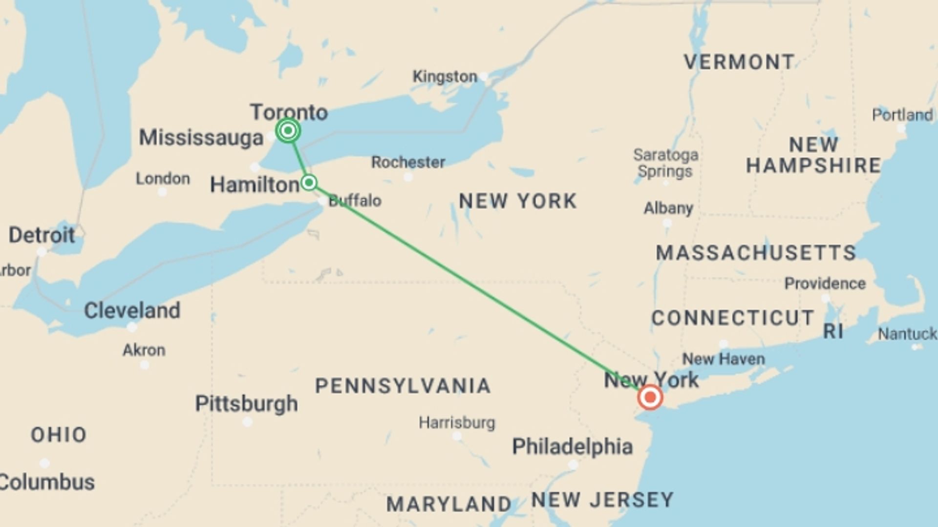 A map showing the tour itinerary for the trip: Toronto, Niagara and New York, starting in Toronto, Canada and ending in New York, USA going through 1 other destinations.