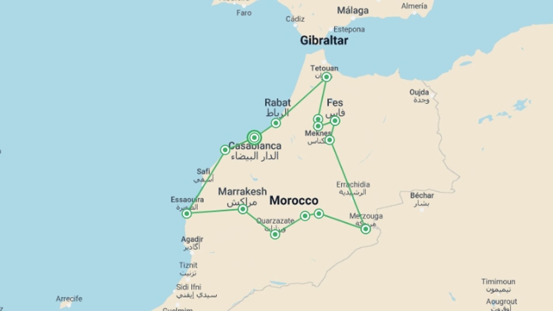 A map showing the tour itinerary for the trip: 10 Days Luxury Morocco Desert Tour (20+ Destinations), starting in Casablanca, Morocco and ending in Casablanca, Morocco going through 12 other destinations.