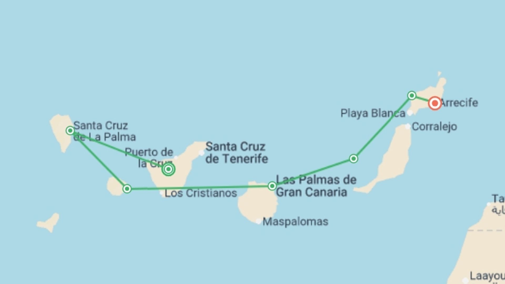 A map showing the tour itinerary for the trip: Cruise through the Canary Island Archipelago, eternal Springtime, starting in Tenerife, undefined and ending in undefined, undefined going through 4 other destinations.
