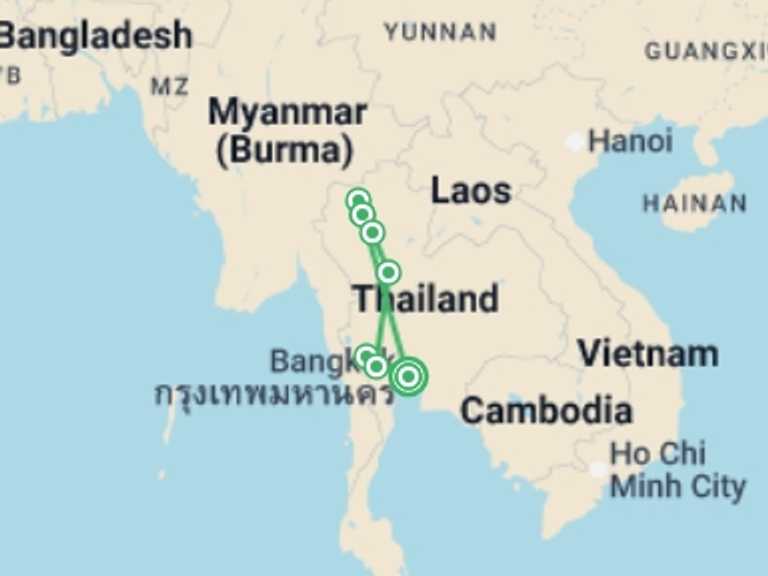 Map itinerary of Asia Tour in March 2027 with 7 destination visits for the trip: Highlights of Northern Thailand