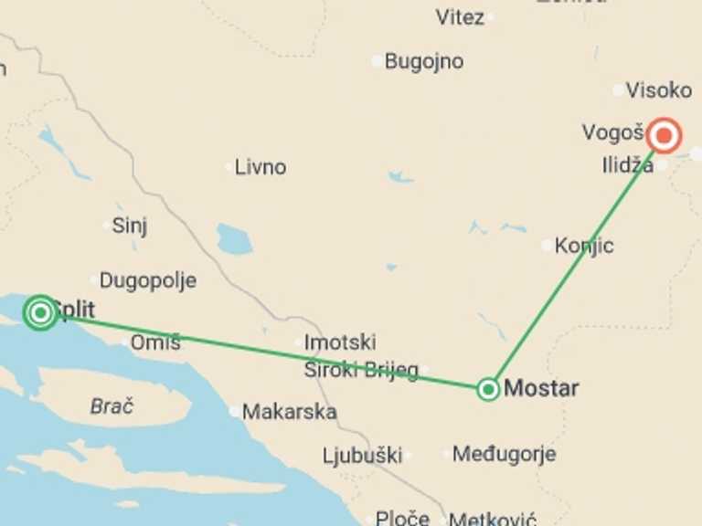 Map of Europe Tour with 3 destination visits for the trip: Split to Sarajevo - 4 days