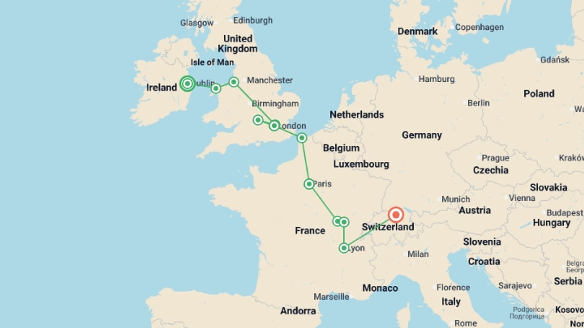 A map showing the tour itinerary for the trip: Solo Lite Treasures of Western Europe, starting in Dublin, Ireland and ending in Zurich, Switzerland going through 4 other destinations.