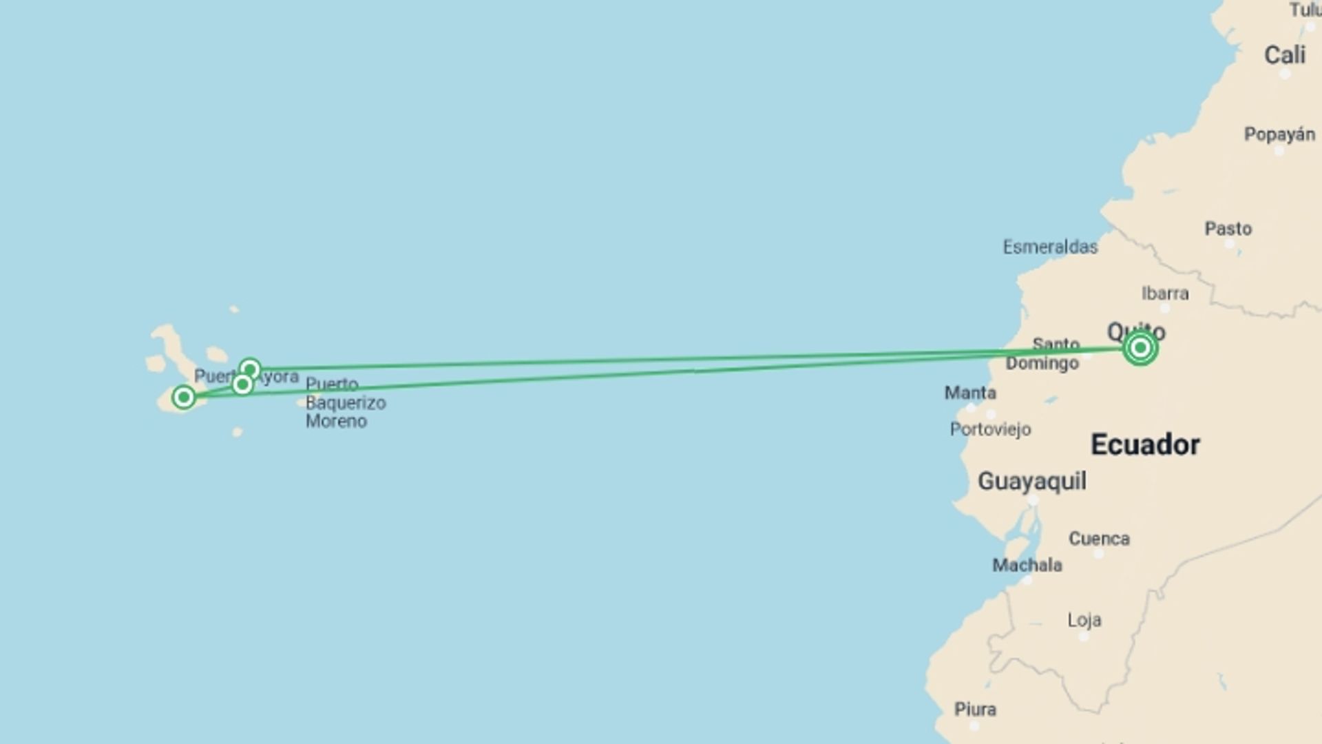 A map showing the tour itinerary for the trip: Highlights Of Quito And Galapagos Islands, starting in Quito, Ecuador and ending in Quito, Ecuador going through 4 other destinations.