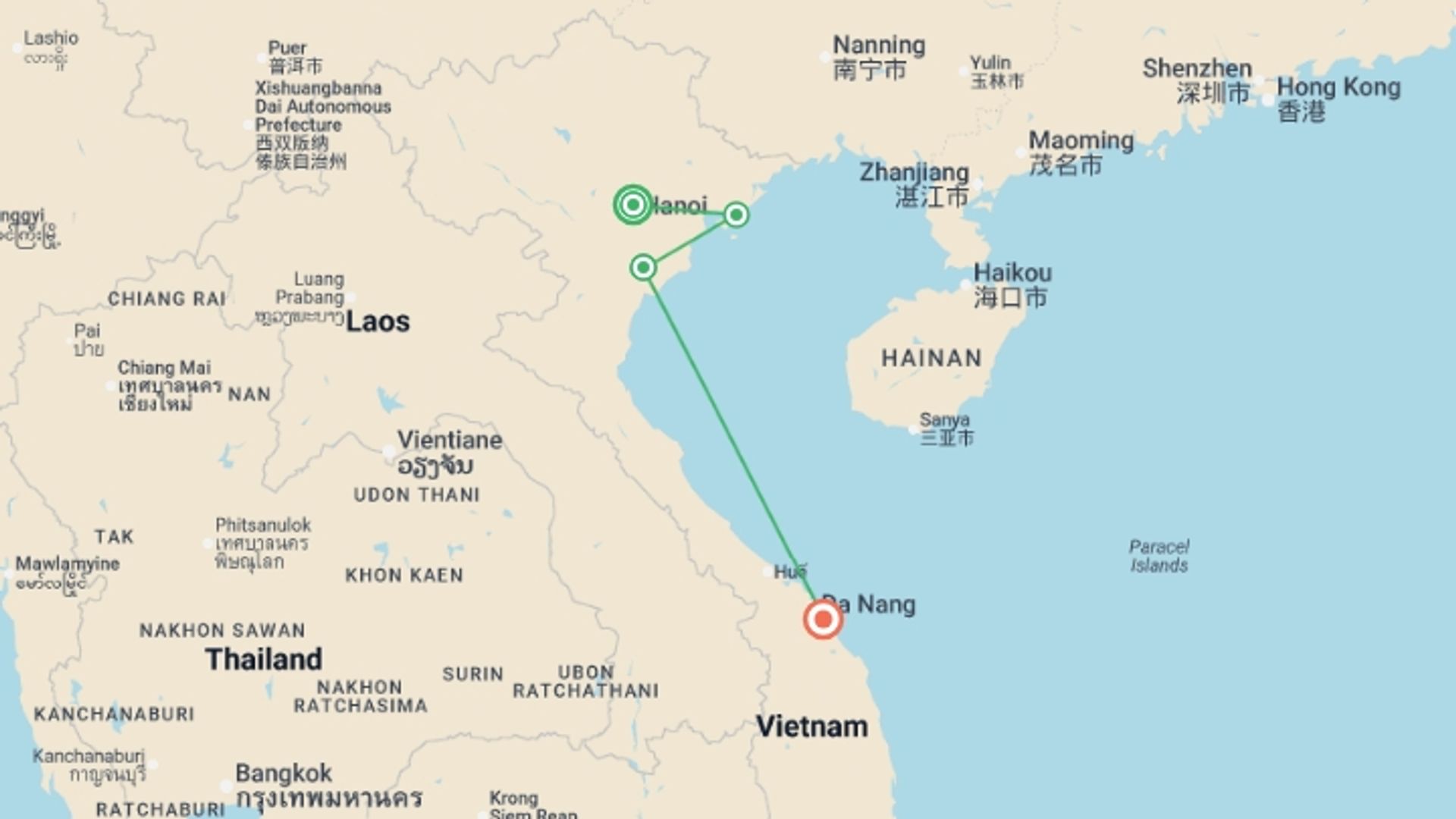 A map showing the tour itinerary for the trip: Vietnam Intro 9 day, starting in Hanoi, Vietnam and ending in Hoi An, Vietnam going through 5 other destinations.