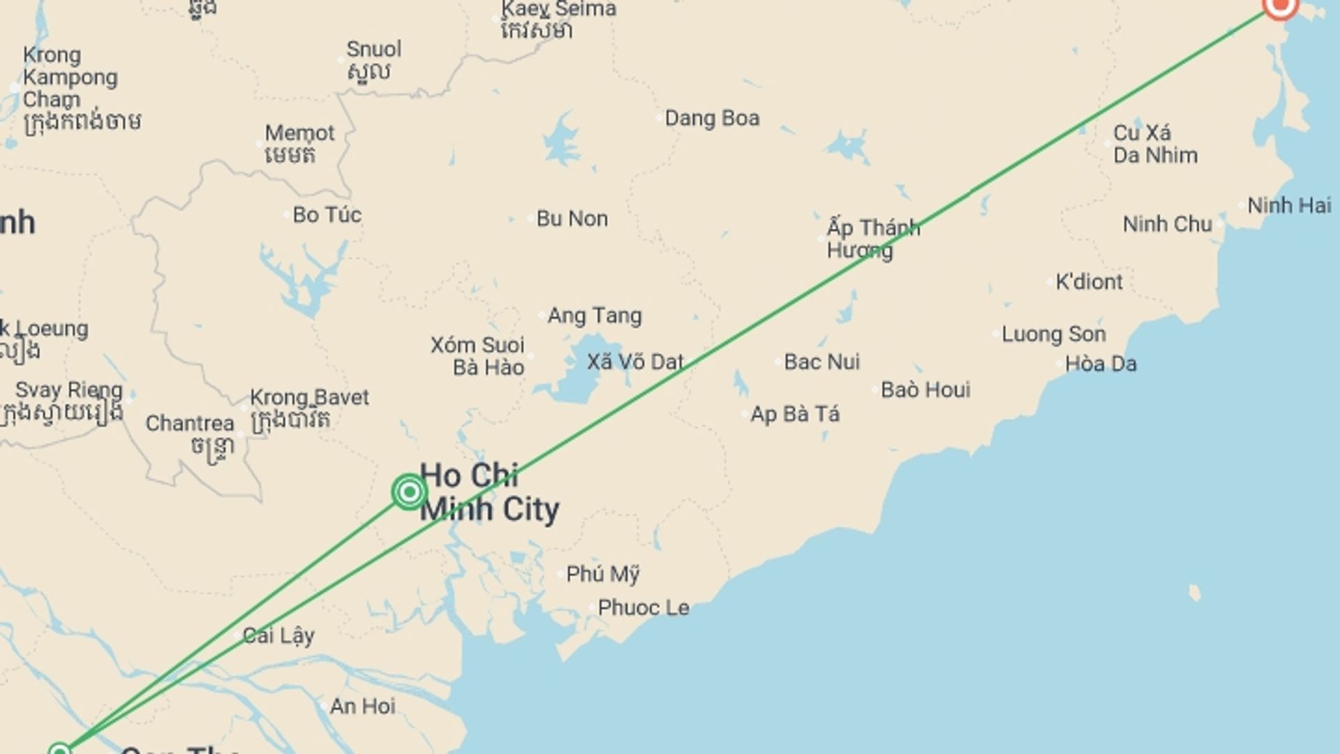 A map showing the tour itinerary for the trip: Saigon, Mekong & Nha Trang (Deluxe) - 8 days, starting in Ho Chi Minh City, Vietnam and ending in Nha Trang, Vietnam going through 1 other destinations.