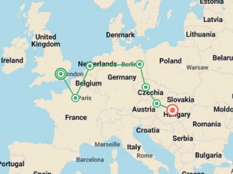 Map itinerary of Europe Tour in December 2026 with 7 destination visits for the trip: London to Budapest by Train