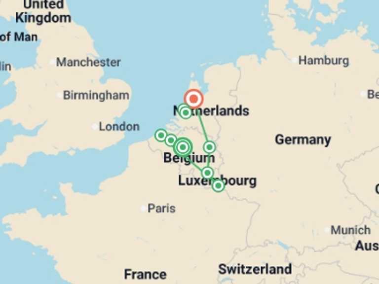 Map itinerary of Europe Tour in July 2026 with 4 destination visits for the trip: Best of Holland, Belgium and Luxembourg