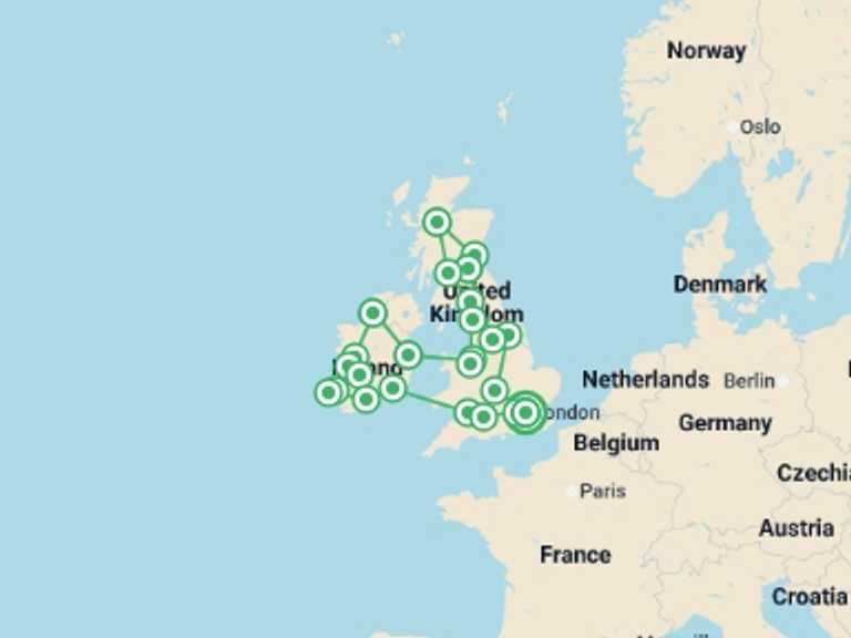Map of Europe Cultural, religious and historic sites Tour with 12 destination visits for the trip: Britain and Ireland Explorer