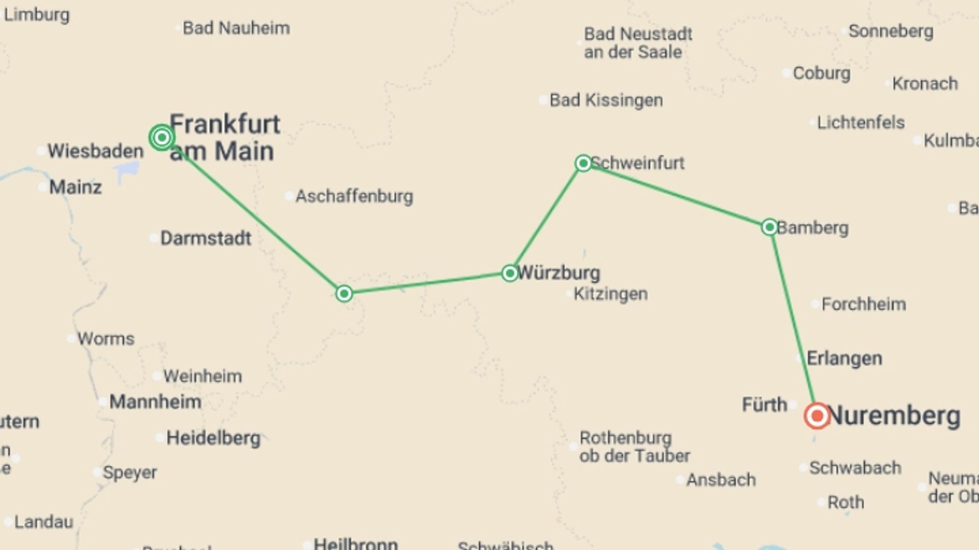 A map showing the tour itinerary for the trip: Classic Christmas Markets (2027), starting in Frankfurt, Germany and ending in Nuremberg, Germany going through 4 other destinations.