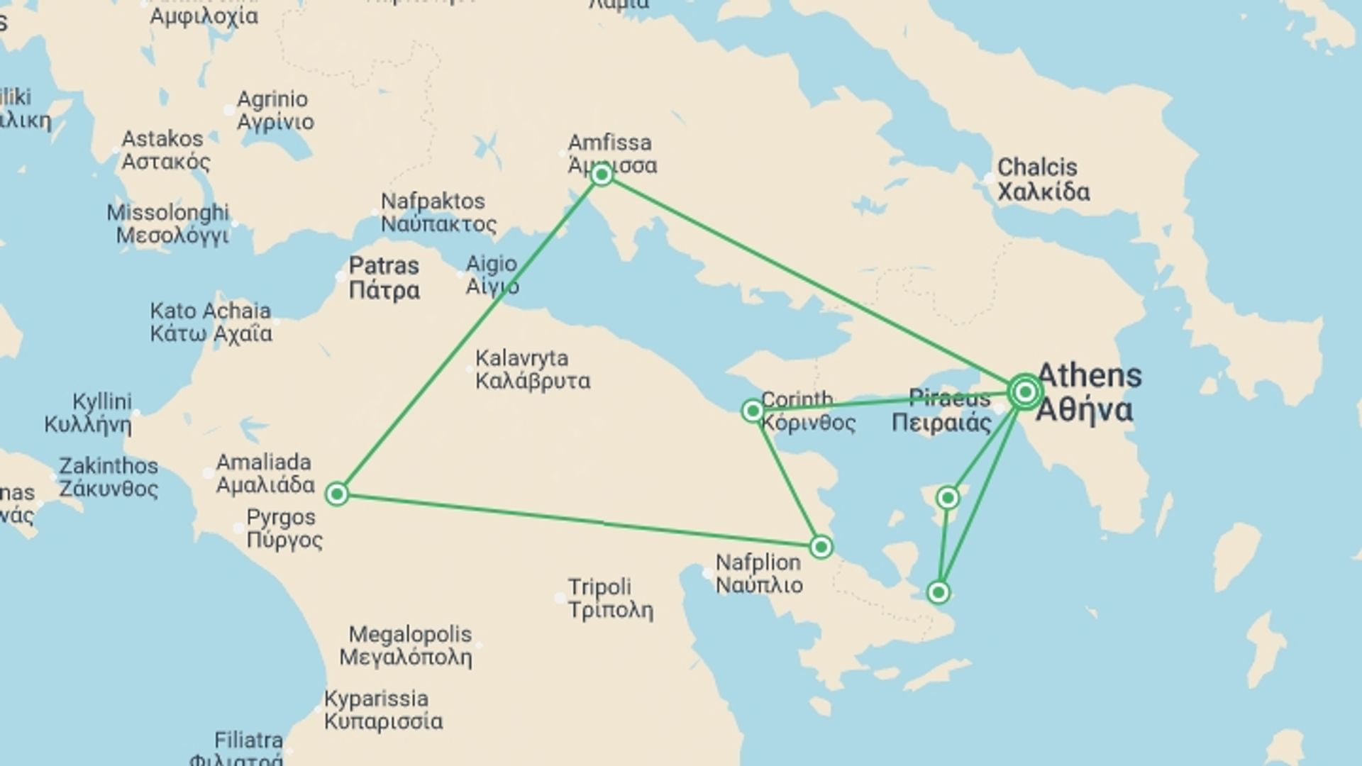 A map showing the tour itinerary for the trip: Best of Athens & Classical Greece - 7 days, starting in Athens, Greece and ending in Athens, Greece going through 2 other destinations.