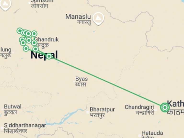 Map of Pokhara Trekking and Hiking Tour with 14 destination visits for the trip: Annapurna Dhaulagiri in Comfort