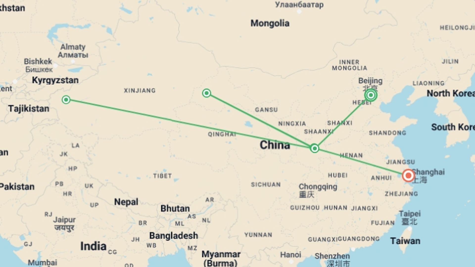 A map showing the tour itinerary for the trip: Two-Week Journey Through the Silk Road, starting in Beijing, China and ending in Shanghai, China going through 4 other destinations.
