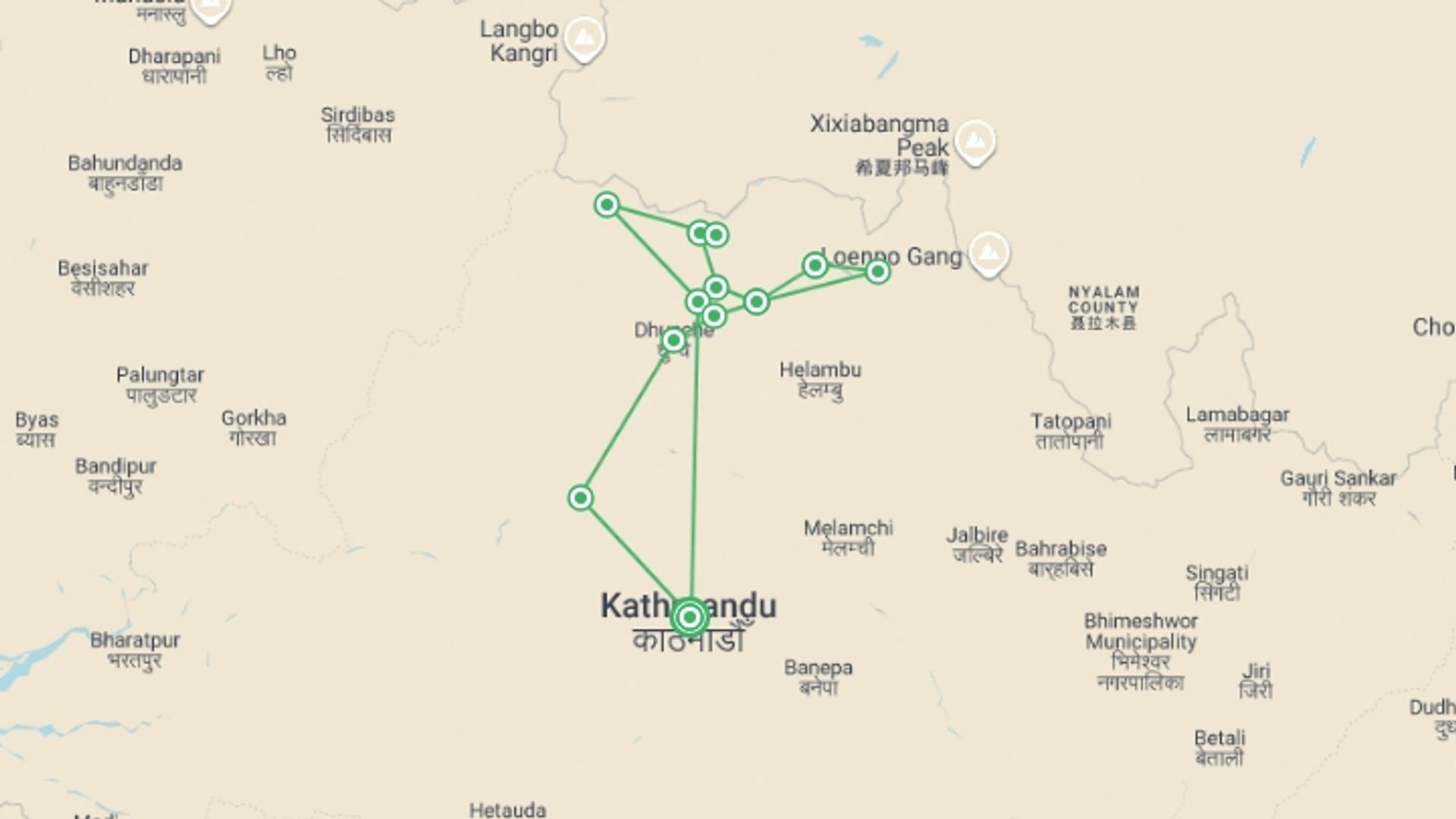 A map showing the tour itinerary for the trip: Tamang Heritage & Langtang Valley Trek, starting in Kathmandu, Nepal and ending in Kathmandu, Nepal going through 12 other destinations.