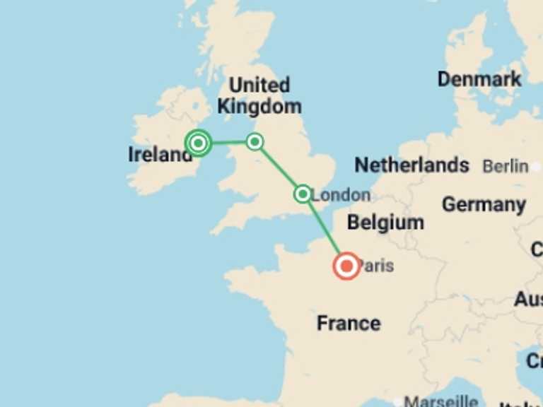 Map of Europe Tour with 4 destination visits for the trip: Exploring Dublin, United Kingdom and Paris