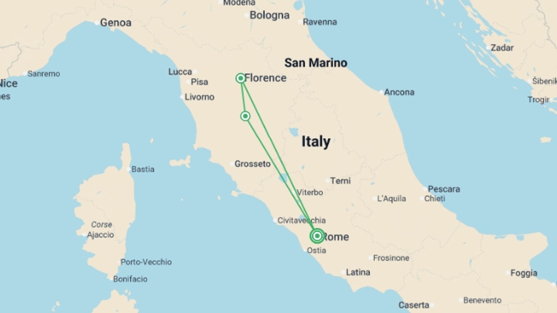 A map showing the tour itinerary for the trip: Roman Holiday, starting in Rome, Italy and ending in Rome, Italy going through 2 other destinations.
