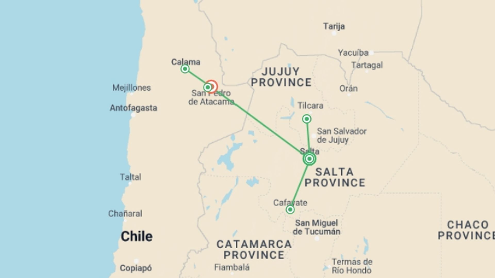 A map showing the tour itinerary for the trip: Northern Argentina & Chile Tour, starting in Salta, Argentina and ending in San Pedro De Atacama, Chile going through 4 other destinations.