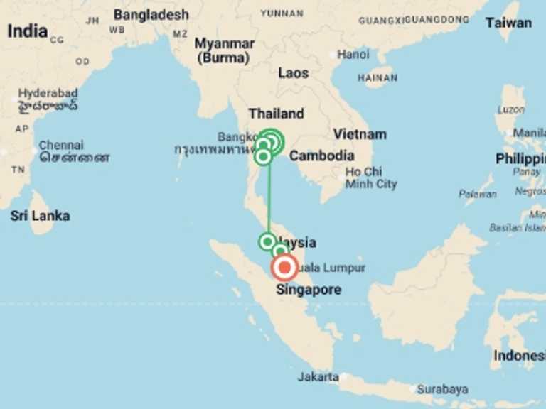Map itinerary of South East Asia Tour in August 2026 with 6 destination visits for the trip: Thailand and Malaysia Explorer