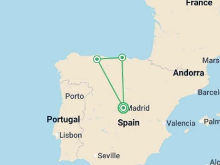 Map itinerary of Europe Tour in February 2027 with 3 destination visits for the trip: Madrid and North of Spain