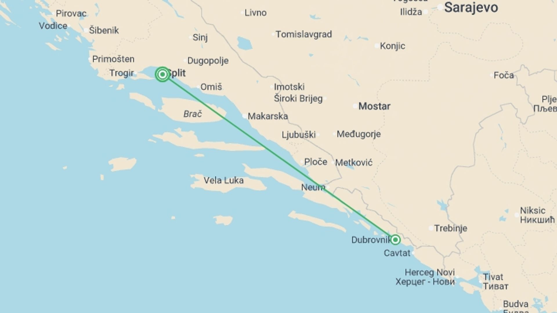 A map showing the tour itinerary for the trip: Split & Dubrovnik Discovery: Croatia’s Coastal Gem, starting in Split, Croatia and ending in Dubrovnik, Croatia going through 0 other destinations.
