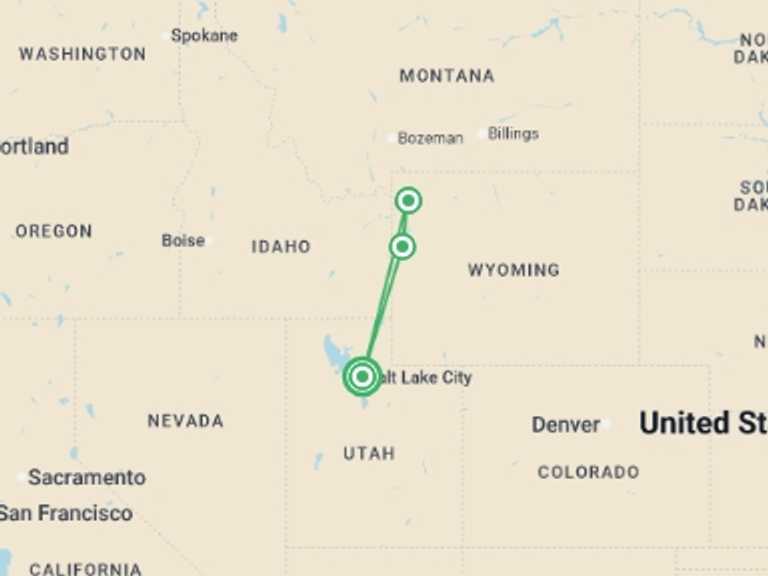 Map itinerary of Jackson Tour in August 2026 with 3 destination visits for the trip: Wild Grand Teton & Yellowstone - 8 days