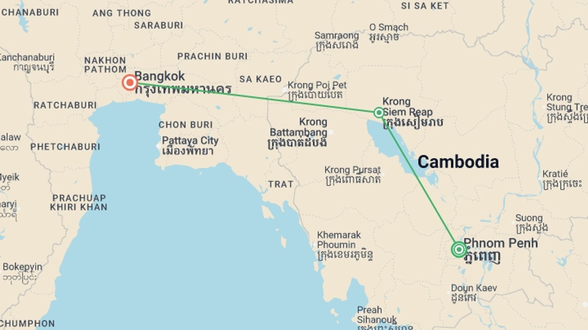 A map showing the tour itinerary for the trip: Classic Cambodia & Bangkok - 7 days, starting in Phnom Penh, Cambodia and ending in Bangkok, Thailand going through 1 other destinations.