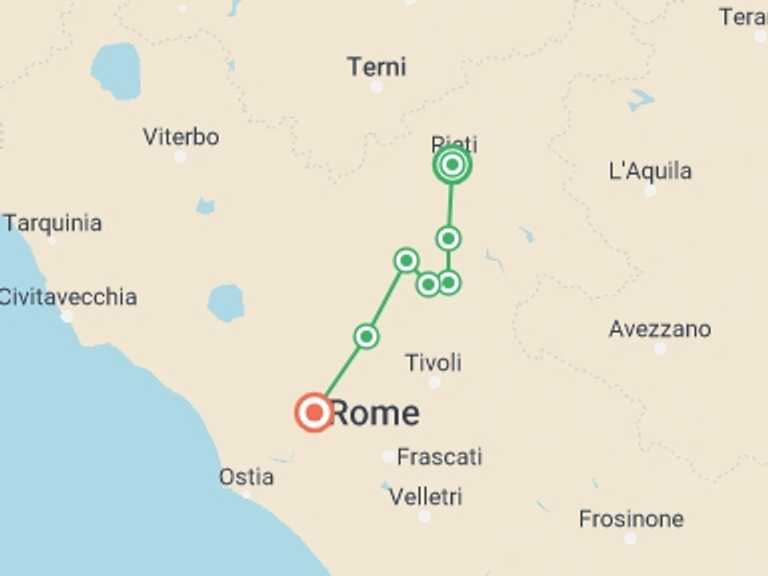 Map of Rome Trekking and Hiking Tour with 7 destination visits for the trip: St Francis Way: Rieti to Rome