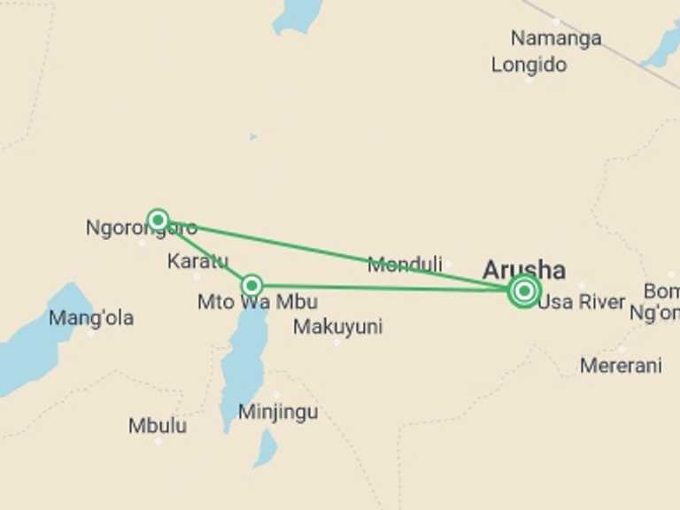 Map itinerary of Tanzania Tour in April 2027 with 4 destination visits for the trip: Tarangire, Ngorongoro Crater & Lake Manyara | 3 Day