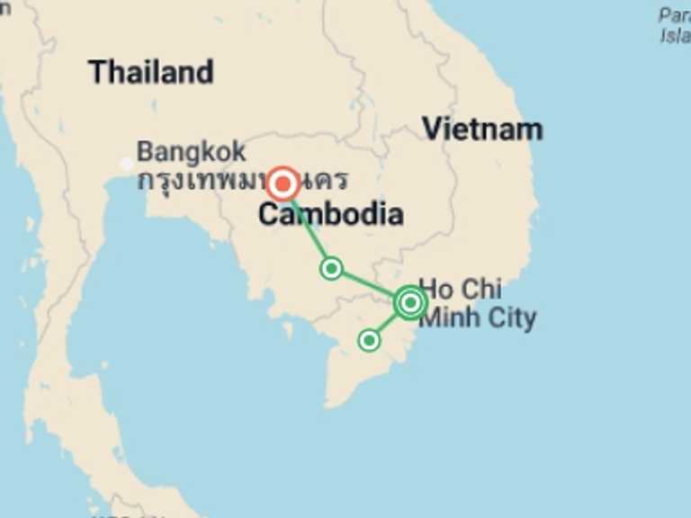 Map of Asia Tour with 5 destination visits for the trip: Saigon to Siem Reap - 8 days