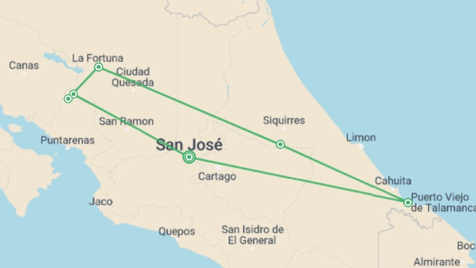 A map showing the tour itinerary for the trip: Costa Rica Active Adventure, starting in San Jose, Costa Rica and ending in San Jose, Costa Rica going through 6 other destinations.