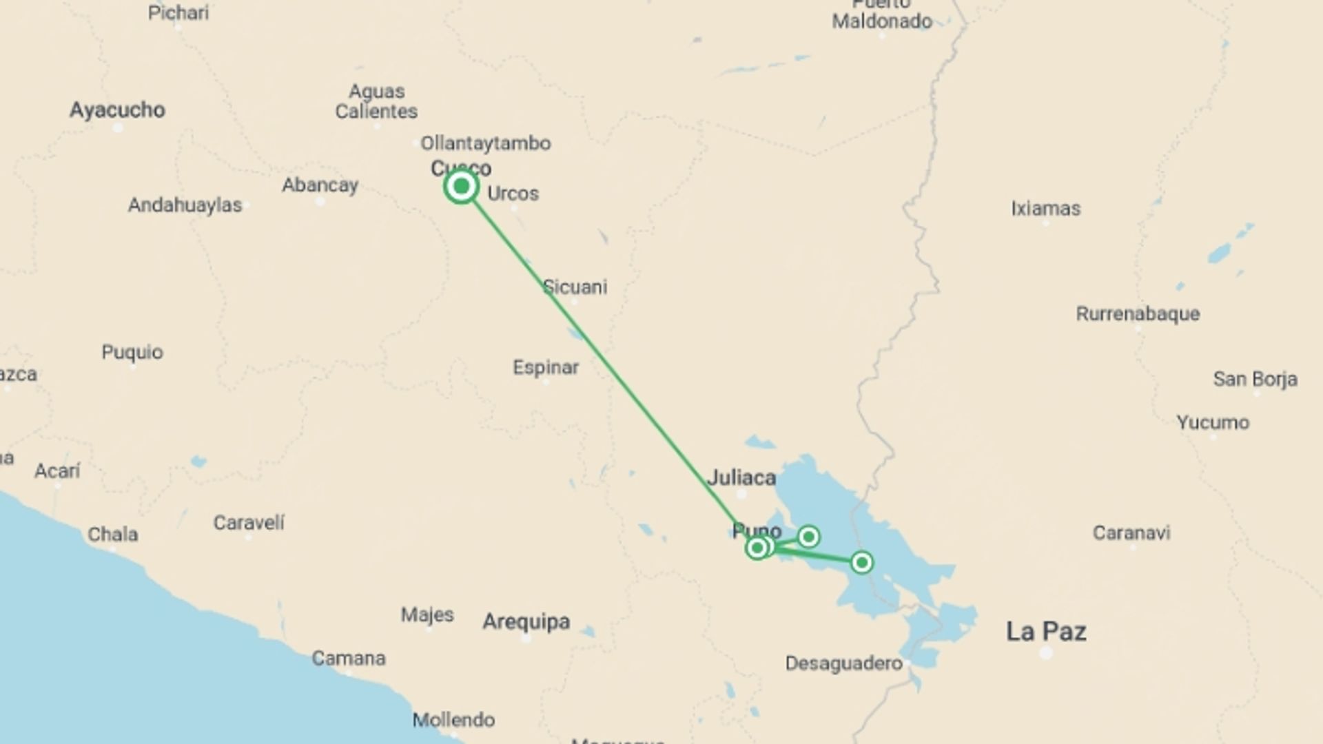 A map showing the tour itinerary for the trip: Puno & Titicaca Islands, Semi-private Tour, starting in Cusco, Peru and ending in Cusco, Peru going through 1 other destinations.