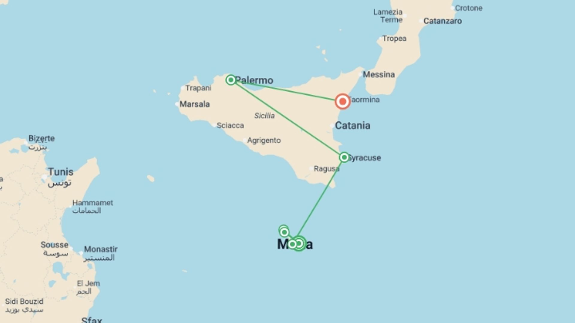 A map showing the tour itinerary for the trip: Malta and Gozo Discovery + Classical Sicily, starting in Valletta, Malta and ending in Giardini Naxos, Italy going through 7 other destinations.
