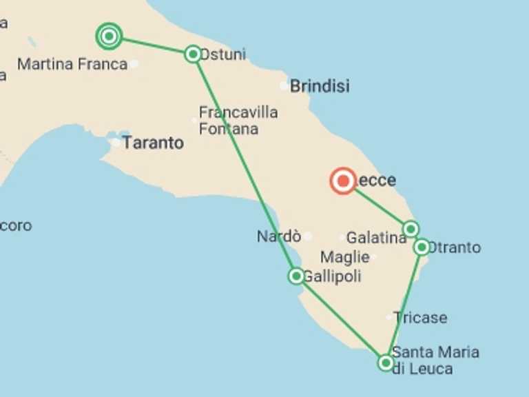 Map itinerary of Europe Tour in September 2026 with 7 destination visits for the trip: Cycle Puglia