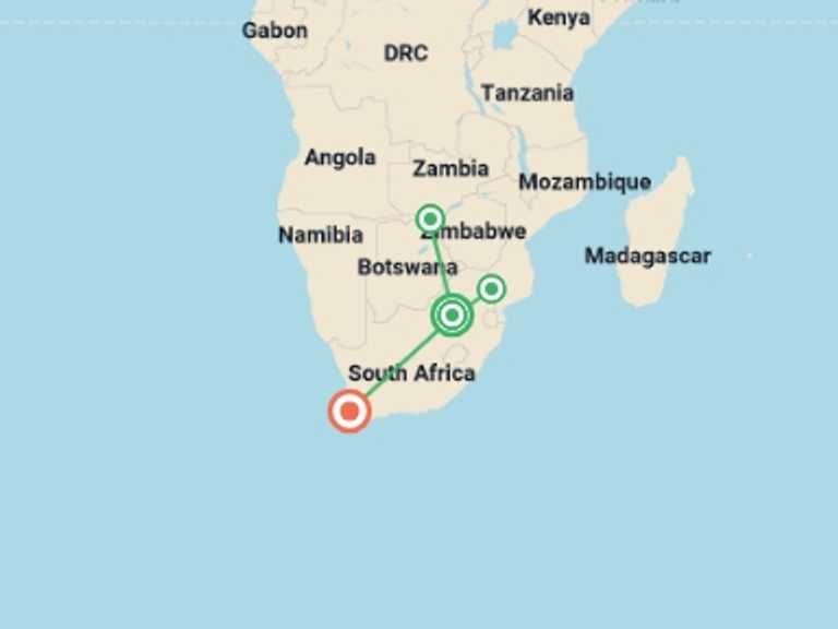 Map of Africa Wildlife safaris and game drives Tour with 4 destination visits for the trip: Jewels of South Africa