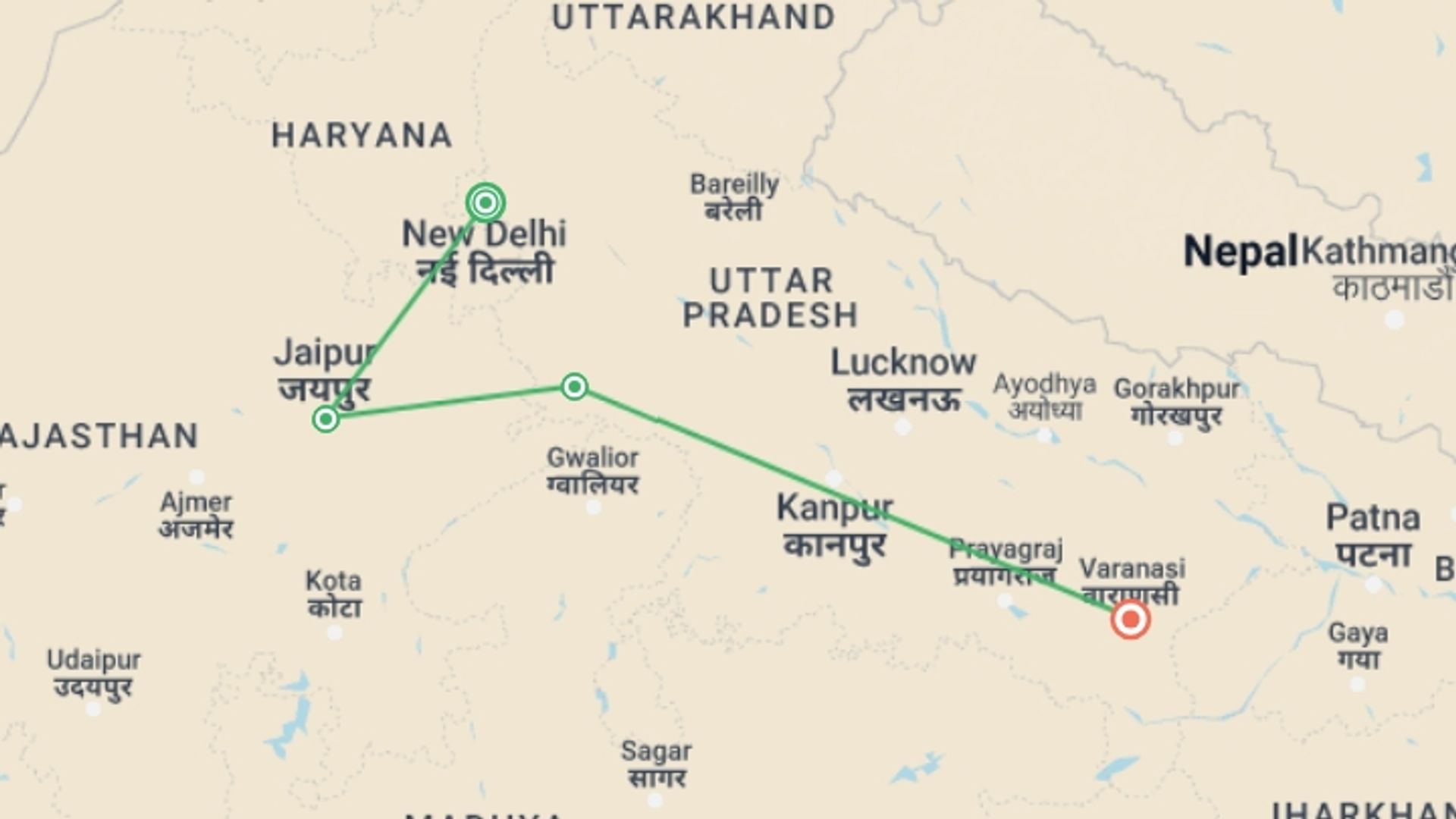 A map showing the tour itinerary for the trip: North India Food Adventure Tour, starting in New Delhi, India and ending in Varanasi, India going through 3 other destinations.