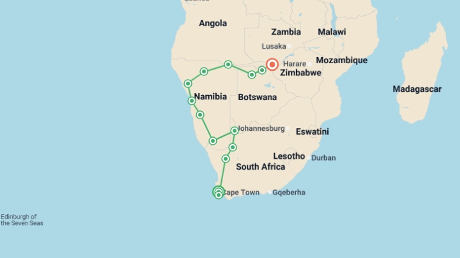 A map showing the tour itinerary for the trip: Table Mountain to Victoria Falls 2027 - 21 days, starting in Cape Town, South Africa and ending in Victoria Falls, Zimbabwe going through 12 other destinations.
