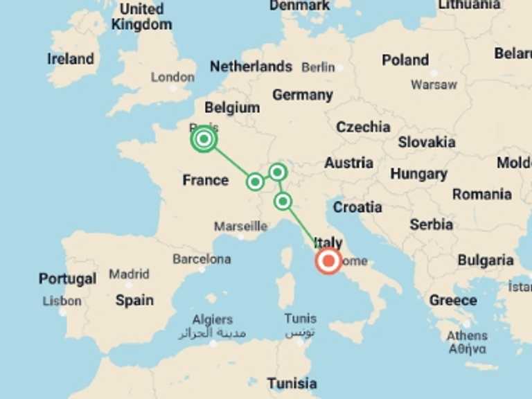 Map of a Train Tour with 6 destination visits for the trip: Paris to Rome by Rail