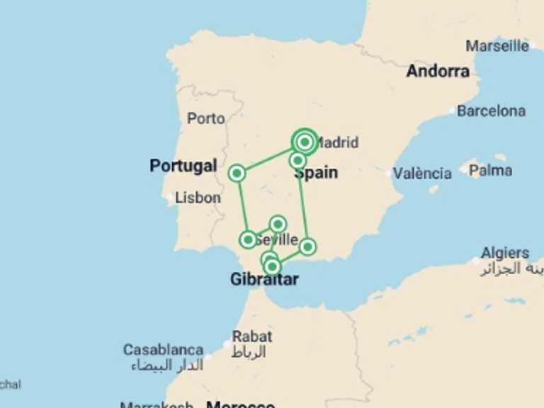 Map of Spain Tour with 5 destination visits for the trip: Best of Andalucia & Alhambra - 8 days