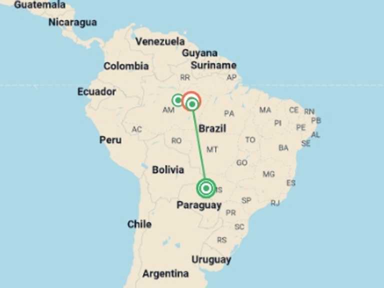 Map of a Eco Tour with 5 destination visits for the trip: Pantanal & Amazon Wildlife
