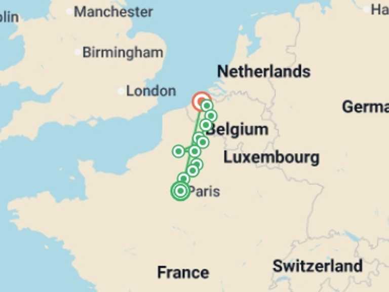 Map of Europe Tour with 12 destination visits for the trip: Paris to Bruges Bike and Barge