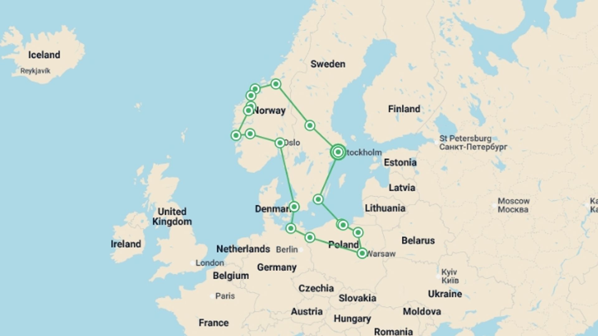 A map showing the tour itinerary for the trip: Legendary Fjords and Northern Poland ROT, starting in Stockholm, Sweden and ending in Stockholm, Sweden going through 11 other destinations.