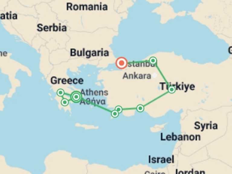 Map of 14-Day Athens Tour with 9 destination visits for the trip: Athens, Peloponnese and Amazing Turkey