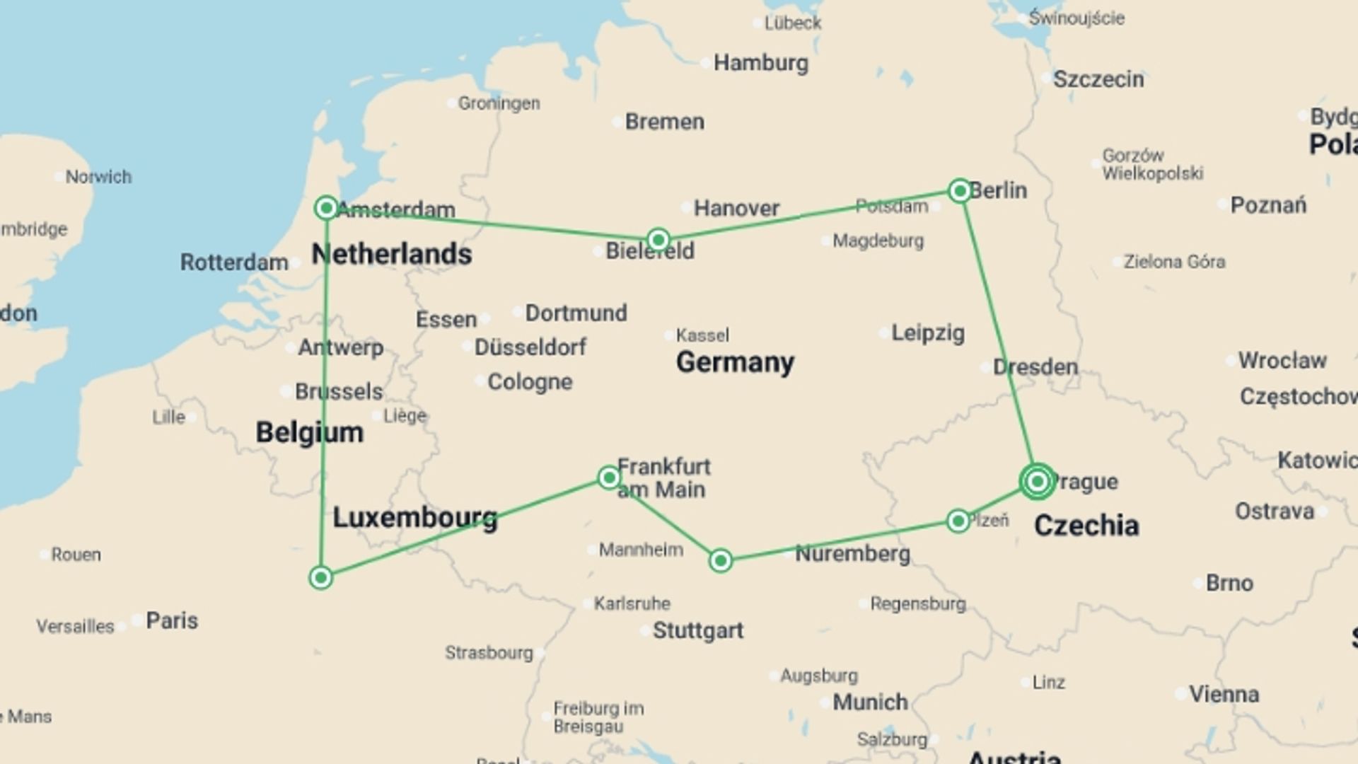 A map showing the tour itinerary for the trip: Prague and Germany, starting in Prague, Czech Republic and ending in Prague, Czech Republic going through 3 other destinations.